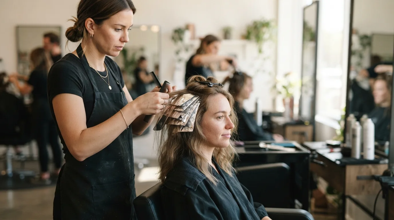 Fryzjer nakłada folie na włosy kobiety w salonie