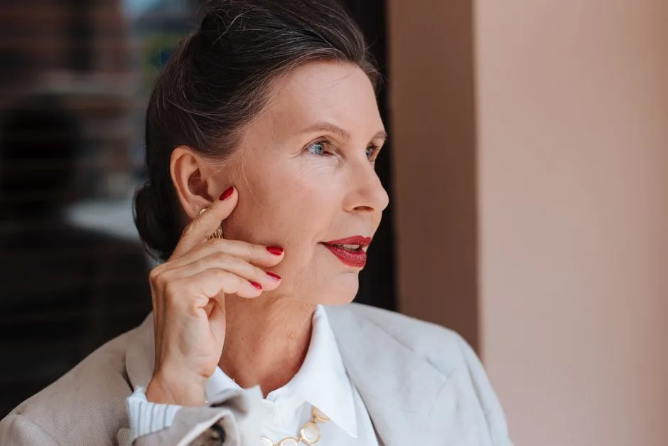 Portret eleganckiej starszej kobiety z czerwonymi ustami i zadbanymi paznokciami