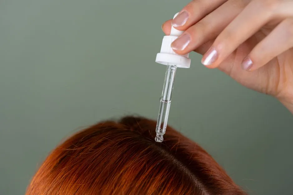 Zbliżenie nakładania serum na odrosty precyzyjnym aplikatorem na rudych włosach