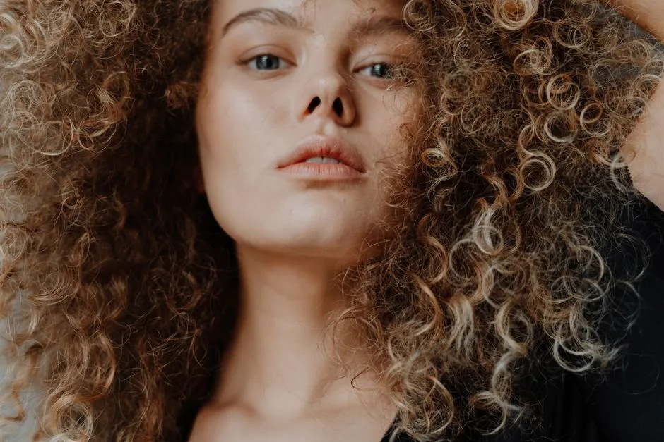 Close-up portrait of a young woman with natural curly hair and minimal makeup.