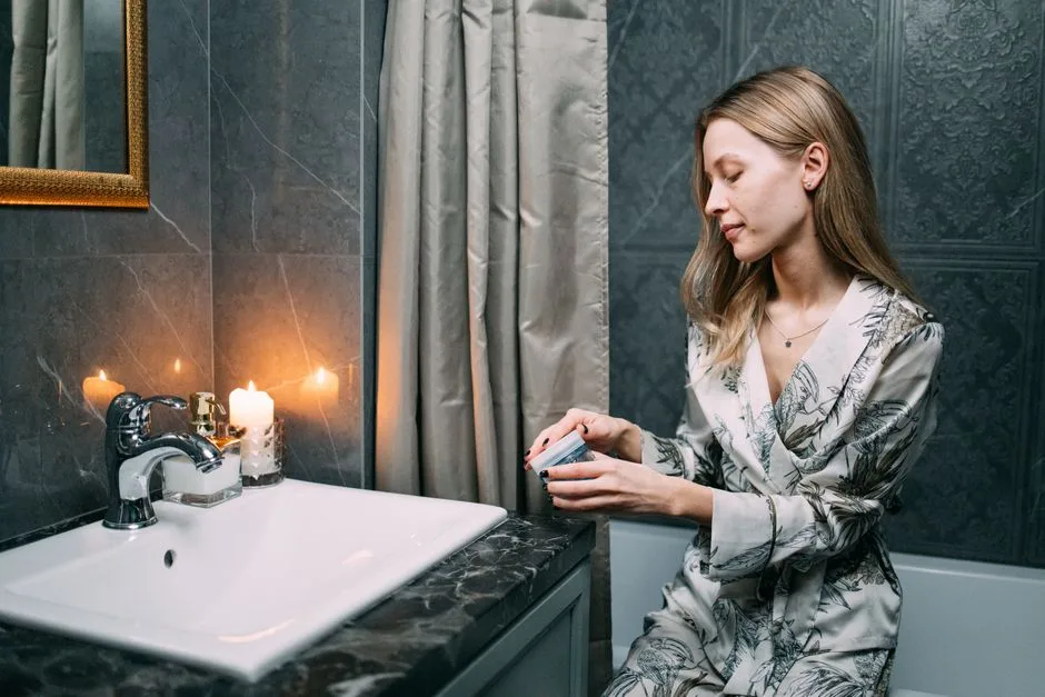 Kobieta w łazience przygotowuje się do rytuału spa ze świecami i kosmetykami
